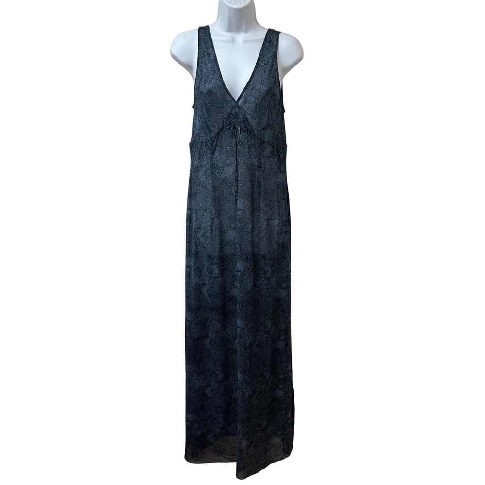 Adrianna Papell Evening Blue Black 100% Silk Sheer Paisley Maxi Dress Size 12